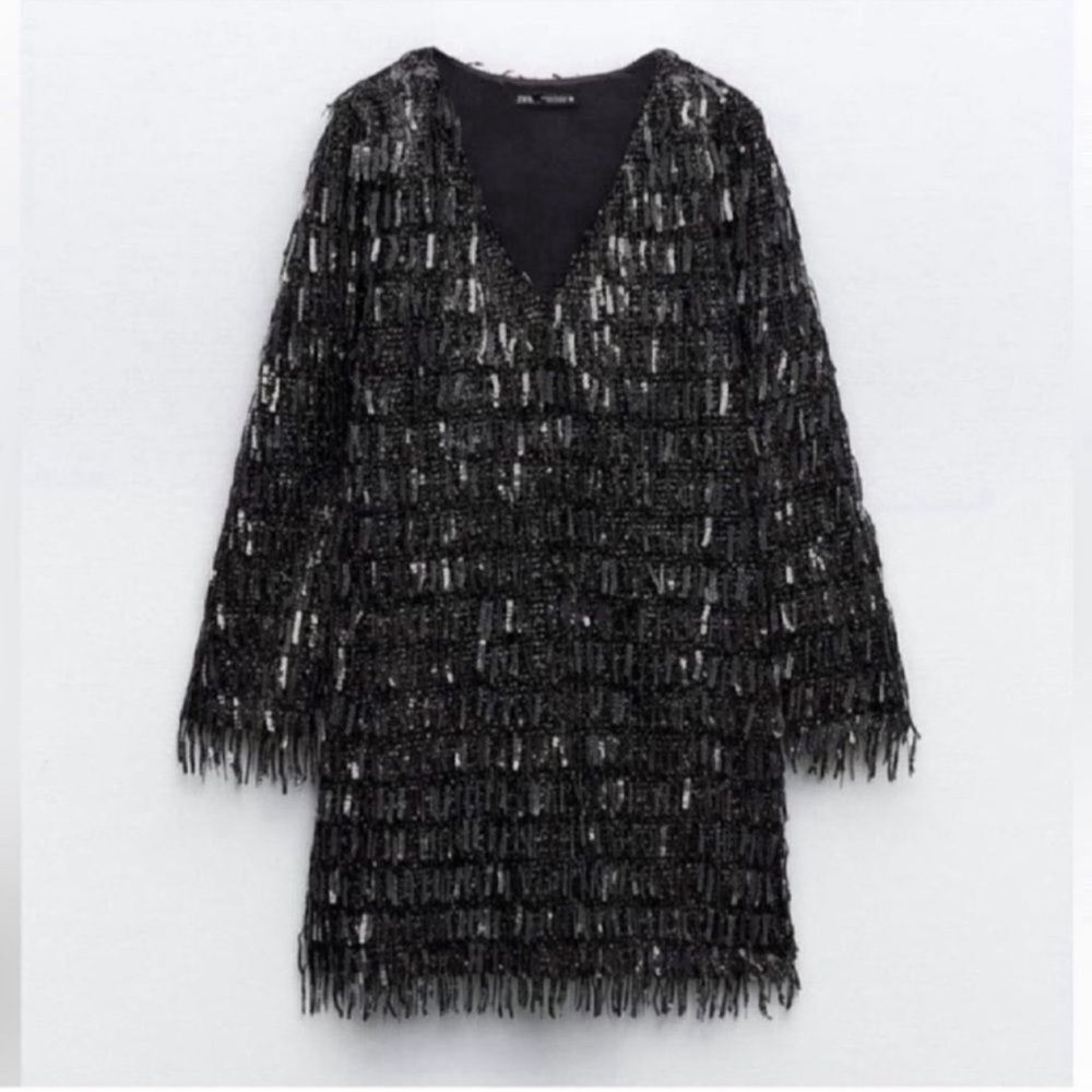 Zara Black Fringe Bead Mini Dress(Size Medium)